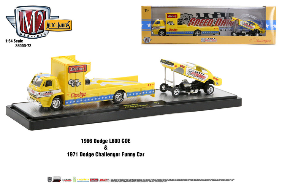 Speed Dawg Shift Knobs Racing Team Yellow 1971 Dodge Challenger Funny Car and 1966 Dodge Ramp Truck Hauler 1/64 Scale Die Cast