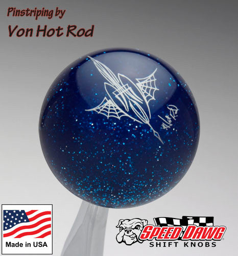 Transparent Blue Metalflake Pinstriped Spider Web Shift Knob by Von Hot Rod