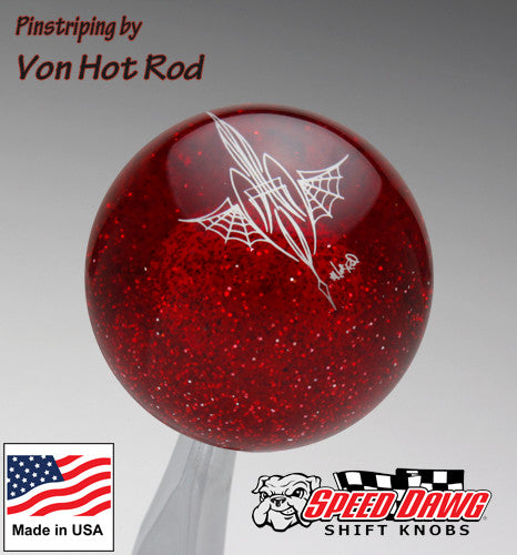 Transparent Red Metalflake Pinstriped Spider Web Shift Knob by Von Hot Rod