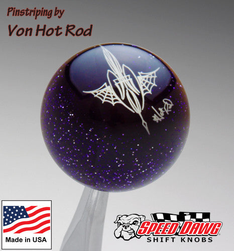 Transparent Purple Metalflake Pinstriped Spider Web Shift Knob by Von Hot Rod