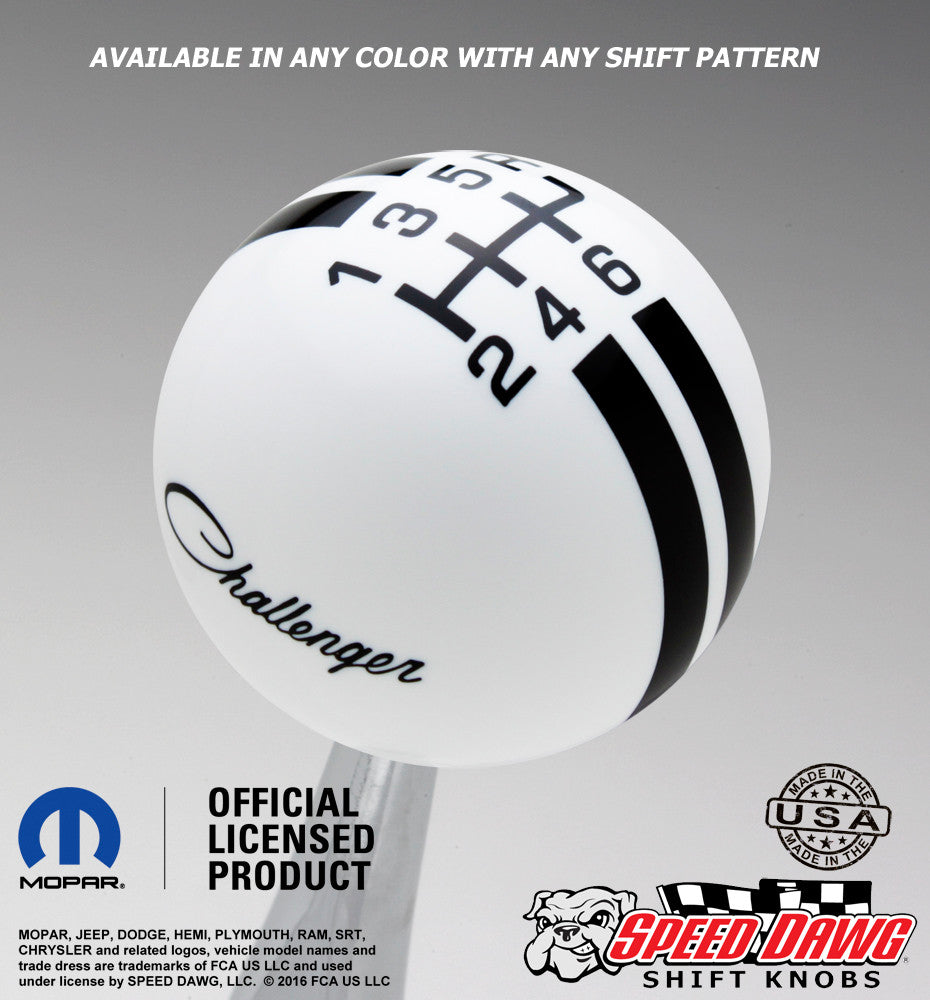 White Challenger Script Rally Stripe shift knob with Black graphics