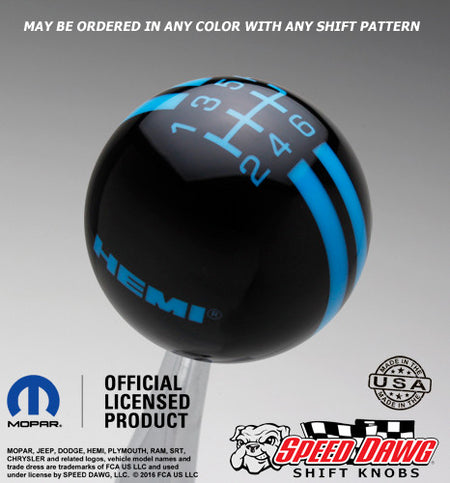 Hemi Logo Rally Stripe Shift Knob Black with Grabber Blue graphics