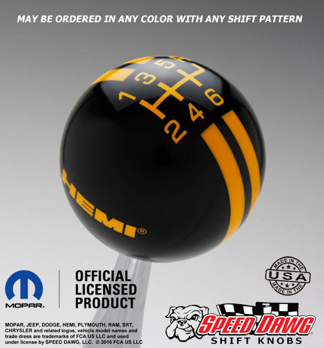Hemi Logo Rally Stripe Shift Knob Black with Yellow graphics