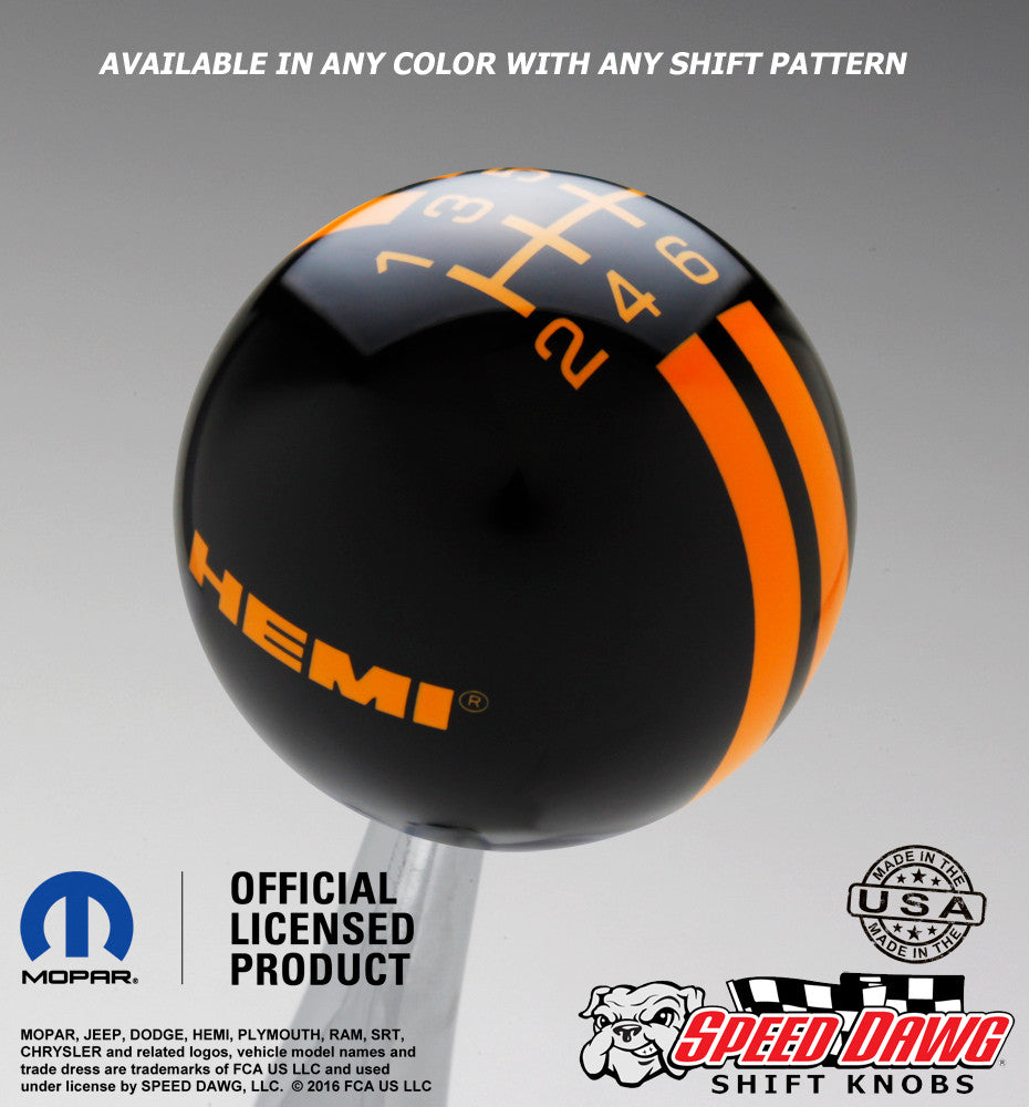 Hemi Logo Rally Stripe Shift Knob Black with Grabber Orange graphics