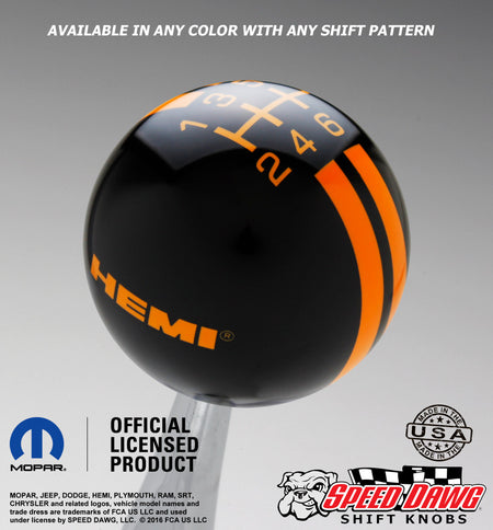 Hemi Logo Rally Stripe Shift Knob Black with Grabber Orange graphics