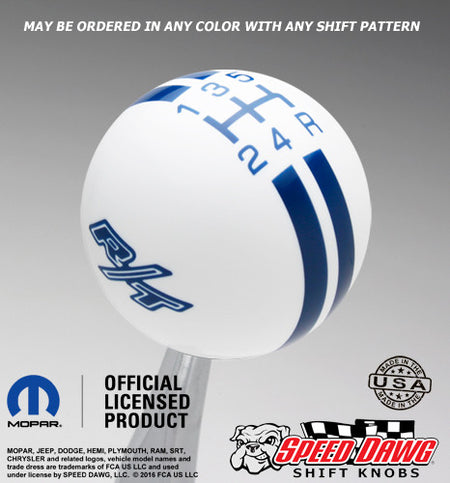 White R/T Logo Rally Stripe Shift Knob with Dark Blue Graphics