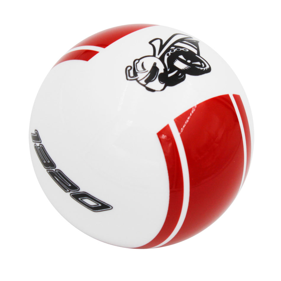 White knob with Red stripes and Black graphics