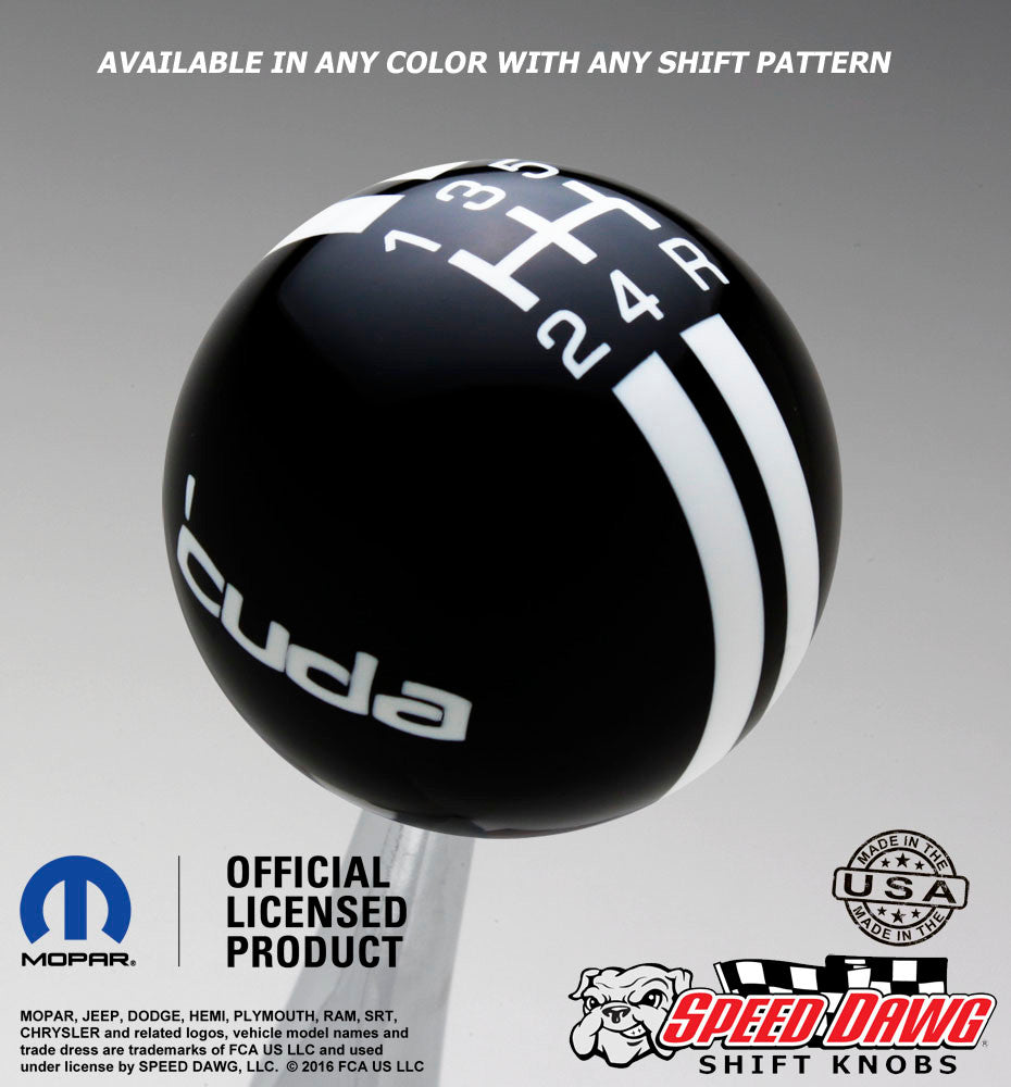 Plymouth Cuda Logo Rally Stripe Shift Knob Black with White graphics