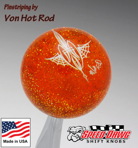 Transparent Orange Metalflake Pinstriped Spider Web Shift Knob by Von Hot Rod