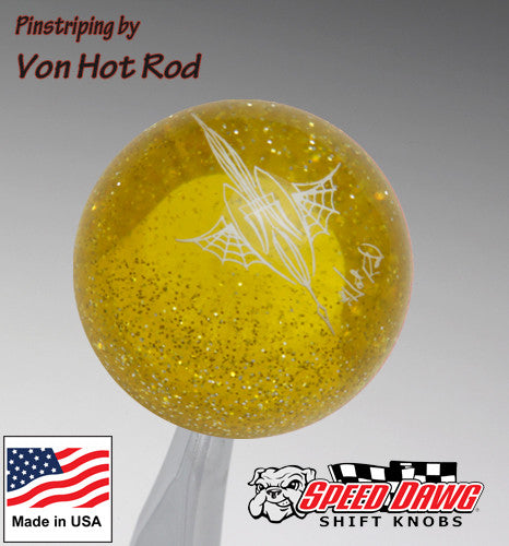 Transparent Yellow Metalflake Pinstriped Spider Web Shift Knob by Von Hot Rod